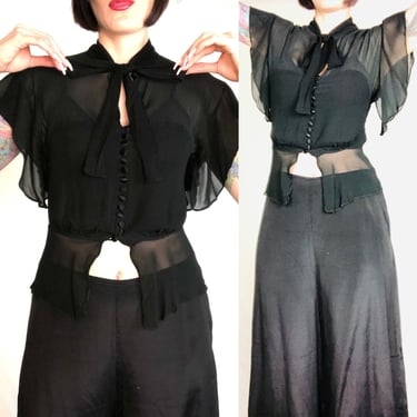 Vintage 1930's Jet Black Rayon Chiffon Flutter Sleeve Pussy Bow Keyhole Neckline Blouse - size Small XS 