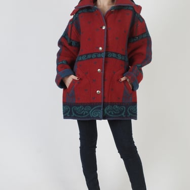 Red Wool Southwestern Coat, Deep Removable Hooded Jacket, Roros Tweed Blanket Overcoat, Tag Size L 