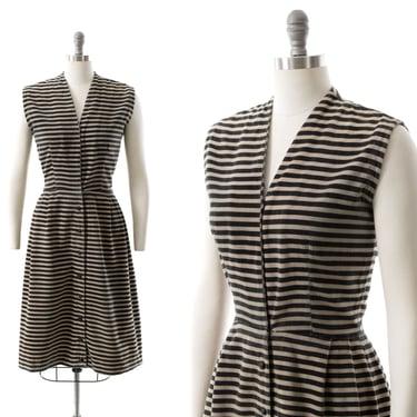 75 DRESS SALE /// Vintage 1950s Shirt Dress | 50s Striped Corduroy Cotton Black Tan Fit and Flare Sleeveless Shirtwaist Sundress (small) 