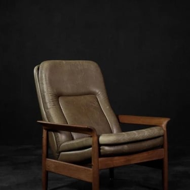 Vintage Mid-Century Danish Modern Teak Wood & Brown Leather High Armchair with Reclining Backrest, 1960s 