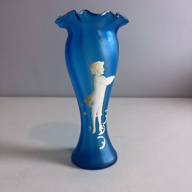 Antique Mary Gregory Style Hand Painted Blue Satin Optic Ribbed Vase Hand Blown 