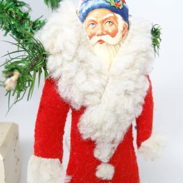 Vintage Die Cut Paper Face Scrap Santa with Cotton Body Faux Fur Trim,  Christmas Ornament, Vintage Homemade Decor 