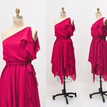 Vintage 70s Disco Party Dress Bias Cut Dark Pink Dress Size Small 70s One Shoulder Asymmetrical Draped Goddess party Dress XS Small 
