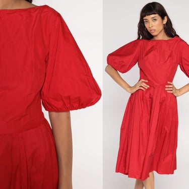 1950s Dress Red Party Dress Cocktail Midi 50s Mad Men 60s Pleated Short Balloon Sleeve 1960s Knee Length Dress Small S 