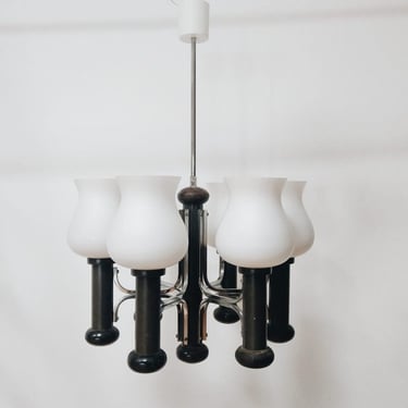 Brutalist Design Chandelier | Mid-century Modern | Wood & White Glass | Yugoslavia | 70s | 