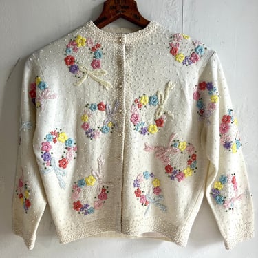 Gorgeous Embroidered Floral Wreaths Beaded Gene Shelly Sweater 1950s MCM Fashion 42 Bust Vintage 