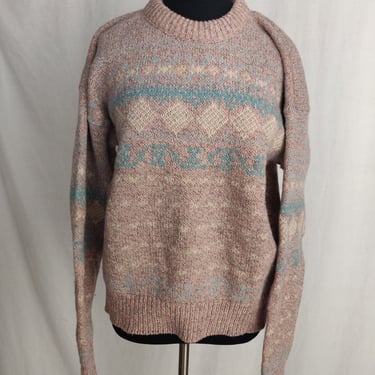 Vintage 90s Eddie Bauer Pink, White, Blue Sweater // Knit Wool Blend 