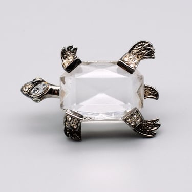 50's crystal rhinestone silver plate turtle pin, unique faceted glass shell bedazzled tortoise brooch 