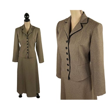 M 90s Brown Tweed Maxi Skirt Suit Medium, 2 Piece Set Tailored Blazer and Long A Line Skirt, 1990s Clothes Women Vintage POSITIVE ATTITUDE 