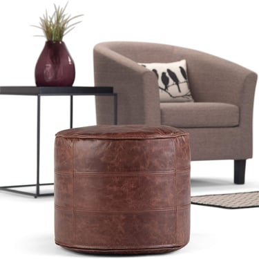 Connor Boho Round Pouf in Distressed Brown Genuine Leather FFW258-667