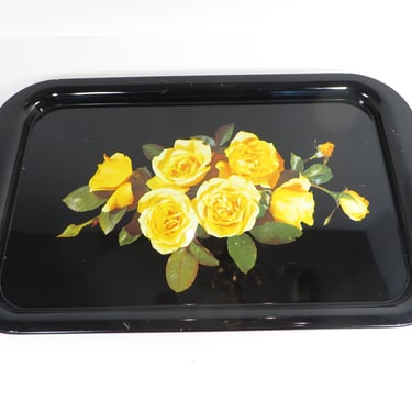 Vintage Black Tole Yellow Roses Metal Tray - Vintage Black Metal Yellow Roses Tin Tray 