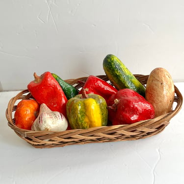 Paper Mache Veggies Vegetables, Rattan Basket, Kitchen Decor, Table Decor, Vintage 60s 70s 