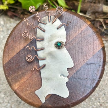 Mixed Metal Art Brooch Face Copper Copy Hair Emerald Eye Artisan Made Vintage jewelry 