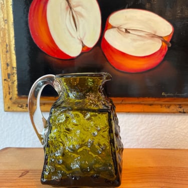 Vintage Pilgrim Handblown Glass Avocado Green Small Pitcher With Applied handle 
