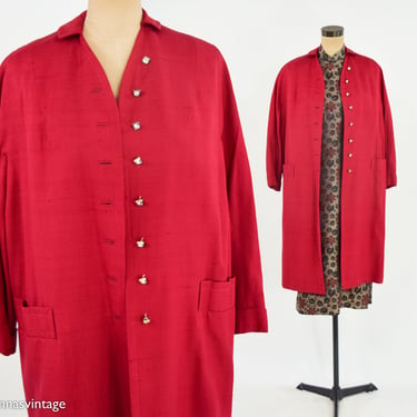 1950s Red Silk Evening Coat | 50s Red Raw Silk Evening Coat | Lou Johnson | Large 