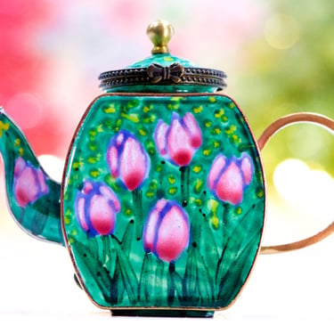 VINTAGE: 2001 - Kelvin Chen Mini Enamel Teapot Trinket Box - Tulips Queen Of The Night Trinket Box - 