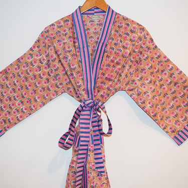 Hand Block Print Kimono, Cotton Bathrobe, Lightweight Cotton Robe, Cotton Dressing Gown, Short Kimono, Wood Block Print, Pink Floral Robe 