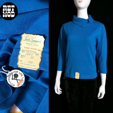 DEADSTOCK Italian Vintage 70s Blue Side Collared Wool Sweater 