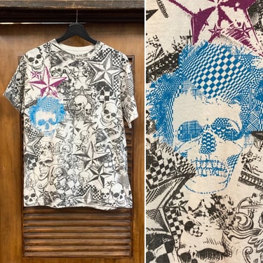 Vintage 1990’s Skull Punk Goth Rocker AOP Cotton T-Shirt, 90’s Vintage Clothing 
