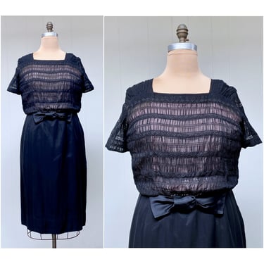 Vintage 1950s Volup Party Dress, 50s Black Rayon Chiffon and Lace Cocktail Dress, Special Occasion Bombshell Frock, 44