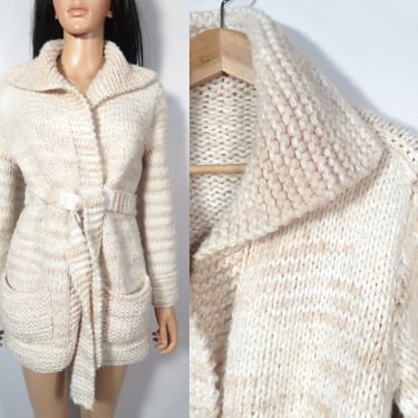 Vintage 70s Marbled Knit Heavy Wool Sweater Jacket Cardigan Size S/M/L 
