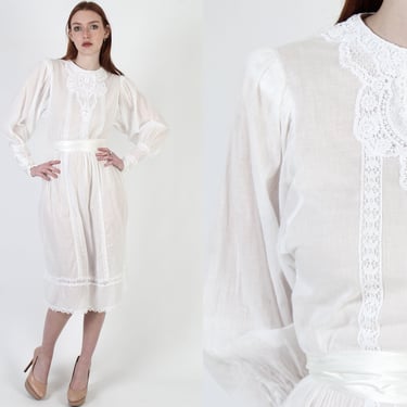 80s All White Jessica McClintock Dress / Plain Cotton Gauze Lace Trim Material / 1980s Simple Romantic Sheer Floral Midi Dress 