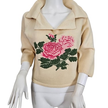 1960s Cream Knit Cotton Blend Sweater I Sz Med I Rose Pattern 