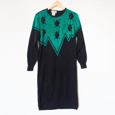 Plain Jane | Vintage 80s/90s Teal & Black Bejeweled Sweater Dress | Size S, Winter, Cozy, Christmas/ 2 Tone, Long Sleeve, Casual, Argyle 