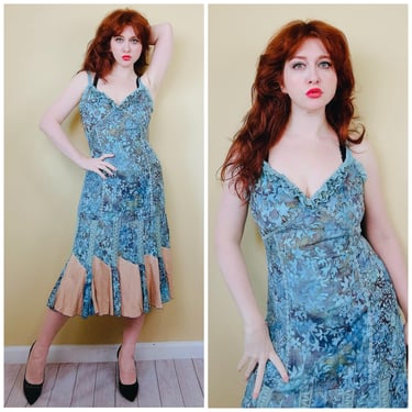 Y2K Deadstock Santiki Burnout Bias Cut Dress / Vintage Rayon Blue Floral Ruffled Romantic Fairy Gown / Size Large 