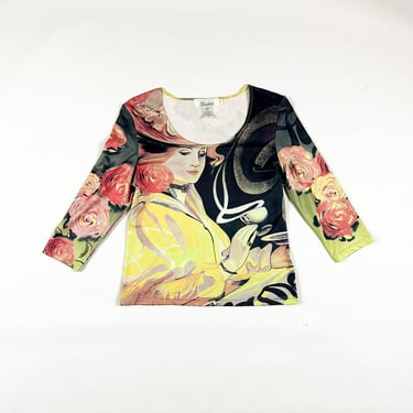 1990s / y2k / Victorian Woman Drinking Tea Painting Print Top / Three Quarter Length Sleeve / Bling / Roses / Raver / Clueless / L / 