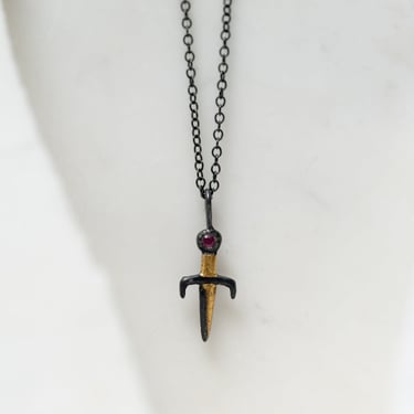 24k Gold, Ruby and Oxidized Sterling Silver Tiny Dagger Pendant Necklace