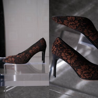 YVES SAINT LAURENT 80s Brown Floral Lace Classic Pump Heels | Made in Italy | Size 8.5 - 9 | 100% Genuine Leather | 1980s 90s Designer Shoes 