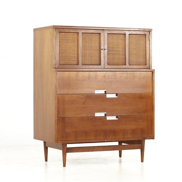 Merton Gershun for American of Martinsville Mid Century Walnut and Cane Front Highboy Dresser - mcm 