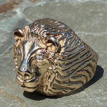 14k Solid Yellow Gold Lion Ring with Diamond Eyes Heavy 25 Grams Size 8.75 