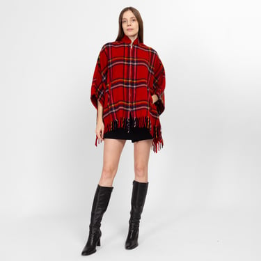 Sm-Med 60s 70s Red Plaid Wool Fringe Cape | Retro Vintage Poncho Fall Winter Coat 