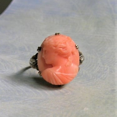 Antique Edwardian 10K Yellow and White Gold Coral Cameo Ring, 10K Gold Cameo  Ring, Old Coral Cameo Ring, Size 7 (#4108) 