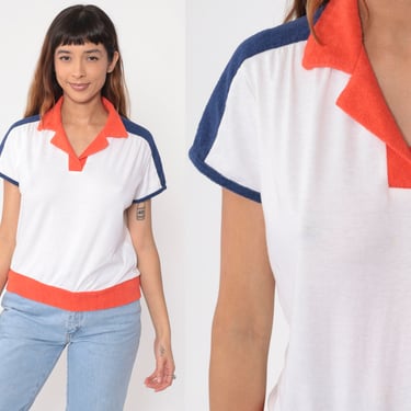 80s Polo Shirt White Terry Cloth Shirt Catalina Johnny Collar Striped T Shirt Collared Short Sleeve Geek Retro 1980s Orange Navy Blue Medium 