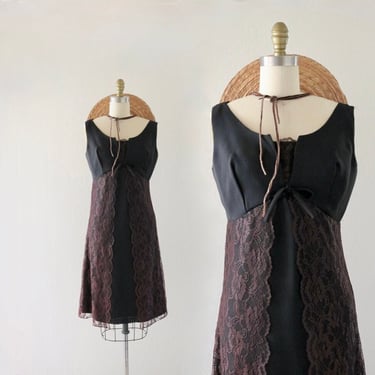 70s lace overlay dress - s - vintage 60s black brown womens small sleeveless feminine romantic 