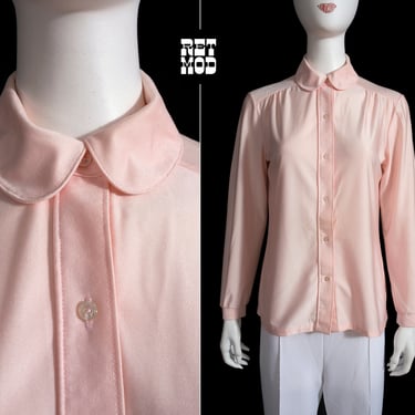 Adorable Vintage 60s 70s Pastel Light Pink Long Sleeve Shirt with Peter Pan Collar 