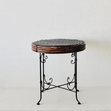 Demi Lune Style Vintage Mid-Century Wicker Bamboo Side Table Scroll Base Detail 