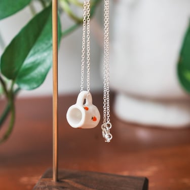 Mini Ceramic Mug Necklace, Fruit Necklace, Cute Strawberries, Cottage-core, Hand Painted Charm, Unique Porcelain Jewelry, Tiny Cup Necklace 
