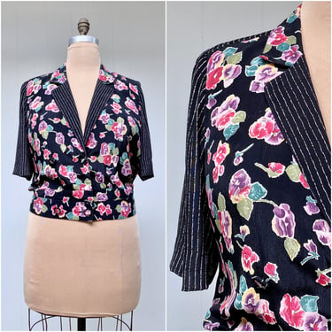 Vintage 1990s Rayon Over Blouse, 90s Carol Little Short Sleeve Contrasting Print Blouson Style Top, 46