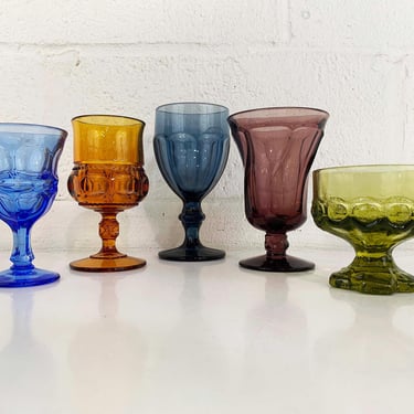 Vintage Mismatched Colorful Glasses Set of 5 Wedding Glassware Party Retro Colored Barware 1960s 1970s Wine Water Goblets Tumblers 