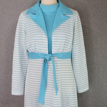 1970s Pastel Blue Striped Maxi Dress- Vintage Playsuit- Mockneck- Resort Wear- Size 8/10 