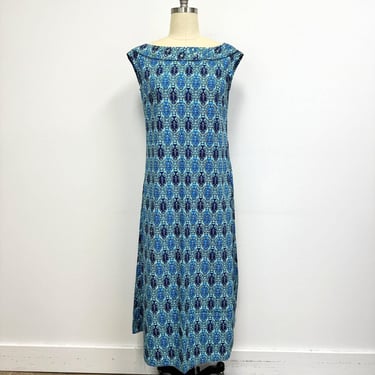 Vintage 1980s Ethnic Print Maxi Dress with Jeweled Collar | sleeveless blue and aqua | size large 