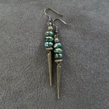 Unique spike and green stone earrings bronze 