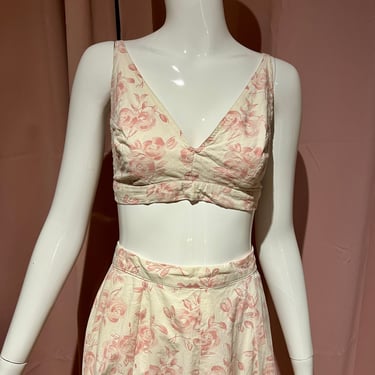 Xs Vintage Rose Print Pink Skirt and Bralette Set 