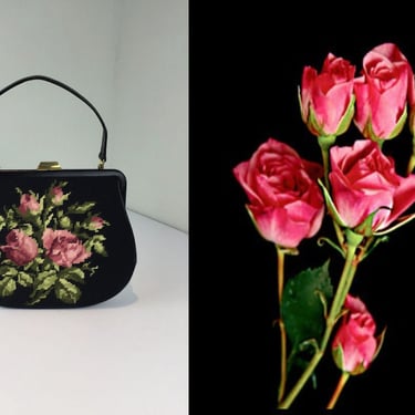 Dark & Stormy Looks - Vintage 1950s 1960s Dove Gray Grey Needlepoint Tapestry Floral Handbag Purse 