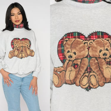 90s Teddy Bear Sweatshirt Plaid Turtleneck Heart Sweatshirt Retro Grandma Sweater Pullover Jumper Kawaii Girly 1990s Vintage Large 