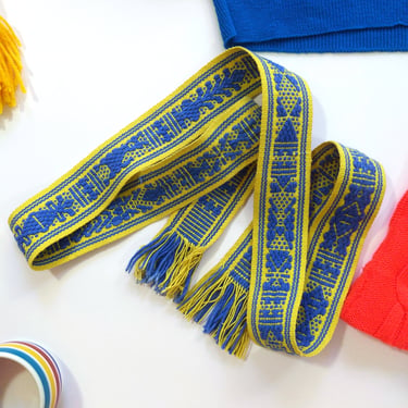 Unique Vintage 70s Chartreuse Yellow & Blue Woven Boho Fringe Tie Belt 